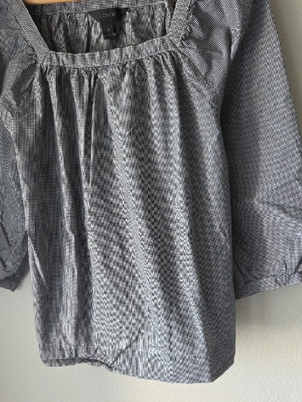 J. Crew Gray Checked Square Neck Peasant Blouse 100% Cotton Sz 8 Boho Cottage